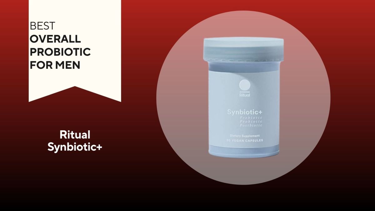 A red background with a white banner that says, "Best Overall Probiotic for Men" next to a light blue and white bottle of Ritual Synbiotic plus